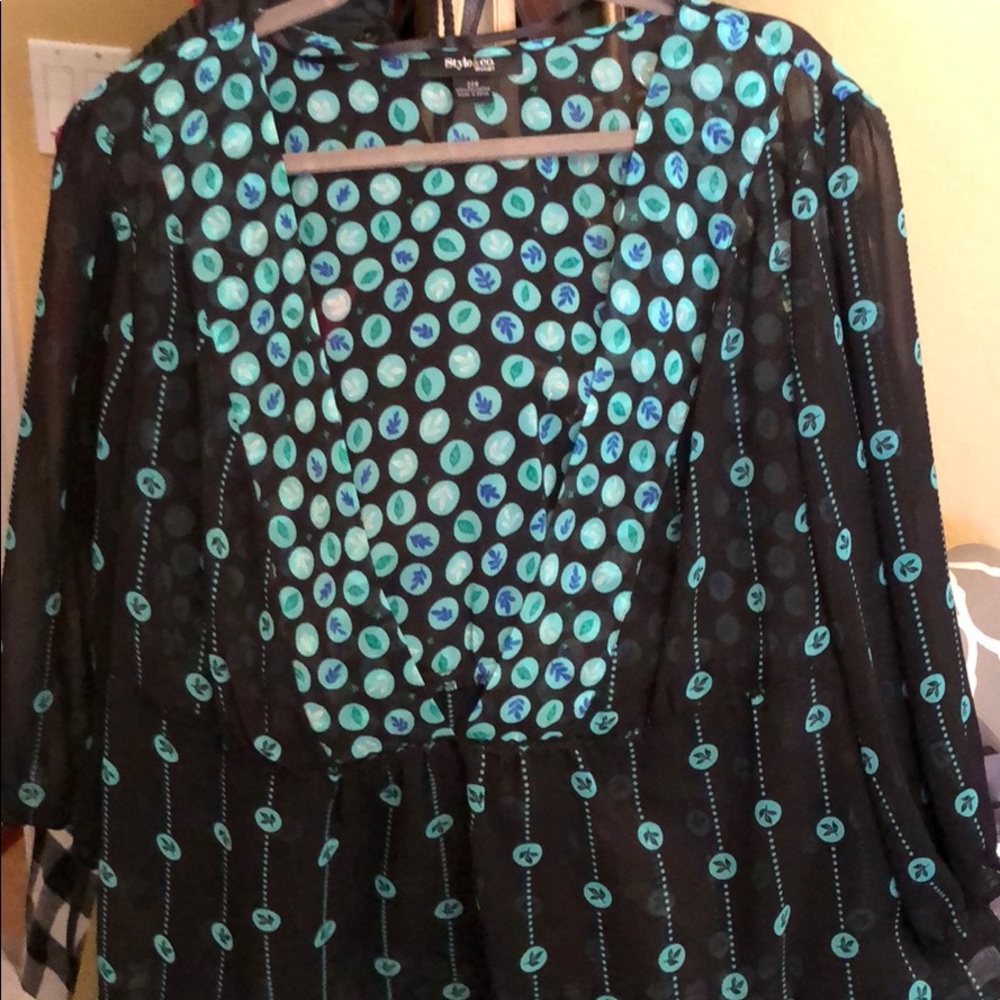 Sheer black and turquoise blouse